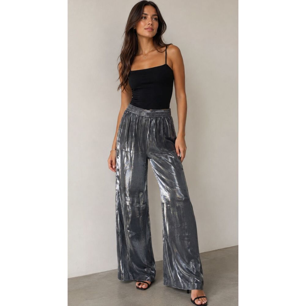New Zara Silver Shimmer Metallic Wide Leg High Waist Pant Women's Size XS